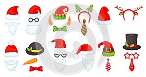 Cartoon christmas hats and accessories, photo booth props. Santa hat and beard, reindeer antlers, red nose, elf cap