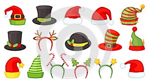 Cartoon christmas hats and headbands for xmas costumes. Santa claus hat, elf and snowman caps, reindeer antlers, winter
