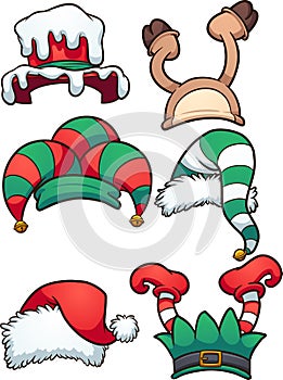 Assorted colorful cartoon Christmas hats.