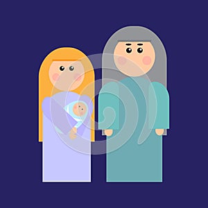 Cartoon christmas holy family. Flat design. Happy holiday night. Religion background. Vector illustration. Stock image.