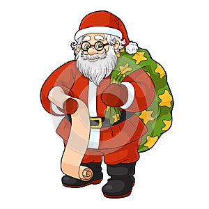 Cartoon Christmas illustration for children. Vector Santa Claus with a list of gifts and a bag