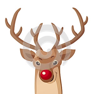 Cartoon Christmas illustration. Funny Rudolph red nose reindeer isolated on white. Vector.