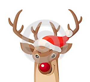 Cartoon Christmas illustration. Funny Rudolph red nose reindeer isolated on white. Vector. photo