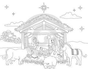 Cartoon Christmas Nativity Scene Coloring