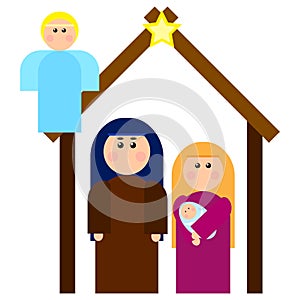 Cartoon christmas nativity scene. Holy family. Holiday family time. Winter season. Vector illustration. Stock image.