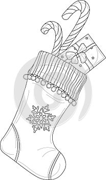Cartoon Christmas New Year winter socking with snowflake and present sketch template. photo