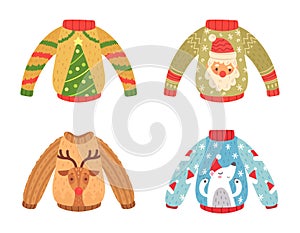 Cartoon christmas party jumpers decorated fir tree, Santa Claus, reindeer and bear design. Cute warm sweaters for winter