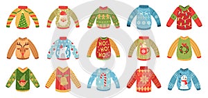 Cartoon christmas party jumpers. Xmas holidays ugly sweaters, knitted winter jumper and funny Santa sweater vector set