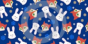 Cartoon Christmas pattern with cute fox and rabbits, fairy tail characters with falling snowflakes.Print DesignTextile