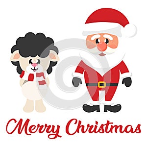 Cartoon christmas santa claus with winter cartoon sheep black and christmas text
