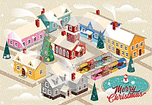 Cartoon Christmas Town With Church. Snowy Street. Christmas Card Happy Holidays Banner.