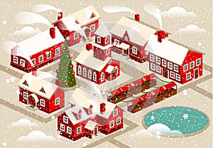 Cartoon Christmas Town With Church. Snowy Street. Christmas Card Happy Holidays Banner.