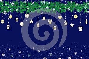 Cartoon Christmas toys, a garland of fir branches and snowflakes on a dark blue background. Colored vector.