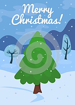 Cartoon Christmas tree card template. New year celebration concept with green pine and snow. Winter landscape background