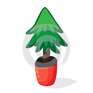 Cartoon Christmas tree in the pot. Flat vector illustration. Green fir isolated on white