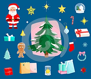 Cartoon Christmas Tree Set, Set of Christmas decorations, Santa and gingerbread man
