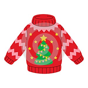 Cartoon Christmas ugly sweater with Xmas tree