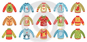 Cartoon christmas ugly sweaters. Xmas holidays party jumper, knitted winter sweater with Santa and Xmas tree isolated