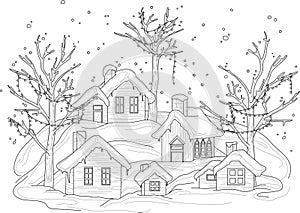 Cartoon Christmas village in snow with decorated trees sketch template.