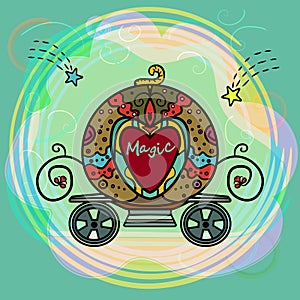Cartoon Cinderella Orange Pumpkin carriage. Princess Fantasy Carriage. Wedding retro carriage with curls. Vector illustration