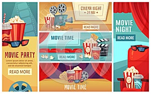 Cartoon cinema banner. Movie night tickets, cinemas popcorn and 3d film projector banners vector illustration set