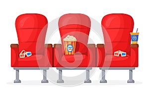 Cartoon cinema chair. Red movie theater seats for comfortable watching film at home, watch night screen in sofa with