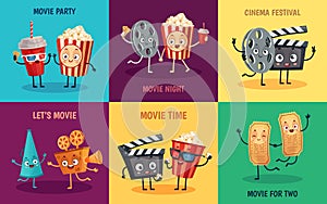 Cartoon cinema characters. Funny popcorn, cinema tickets and 3D movie glasses friends mascots vector illustration set