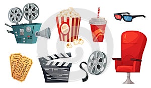 Cartoon cinema elements. Movie theater popcorn, filming cinema clapperboard and retro film camera vector illustration