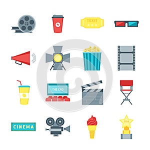 Cartoon Cinema Movie Color Icons Set. Vector