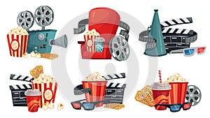 Cartoon cinema. Movie projector, 3d cinema glasses and vintage film camera illustration vector set photo