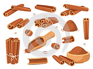 Cartoon cinnamon sticks with powder. Sweet cooking and bakery spices, organic aroma elements, fragrant bark rolled into photo