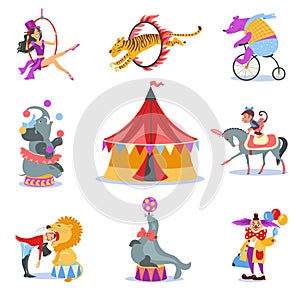 Cartoon circus animals. Trained seal and horse. Bear on unicycle. Tiger jumping over ring. Show artists in costumes