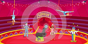Cartoon circus performers on arena, clown, acrobat, animal trainer. Circus artists on stage, carnival show with acrobats
