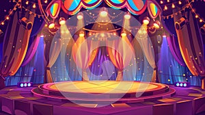 A cartoon circus stage with an arena scene. A carnival tent with round arena scenes. A yellow theater curtain with