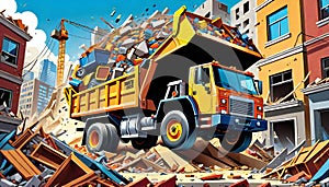 cartoon city construction dump truck demolition debris load