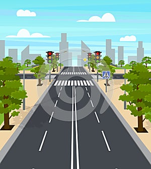Cartoon City Crossroad Traffic Lights Card Poster. Vector