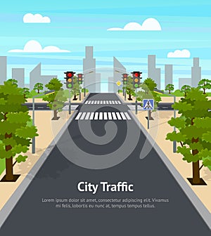 Cartoon City Crossroad Traffic Lights Card Poster. Vector