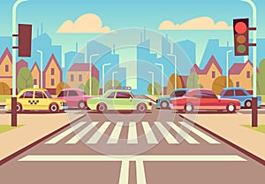 Cartoon city crossroads with cars in traffic jam, sidewalk, crosswalk and urban landscape vector illustration