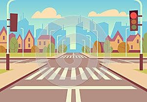 Cartoon city crossroads with traffic lights, sidewalk, crosswalk and urban landscape. Empty roads for car traffic vector