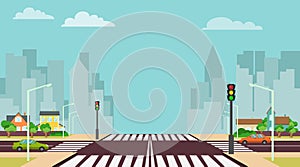 Cartoon city crossroads with traffic lights, sidewalk, crosswalk and urban landscape. Stock vector illustration of roadside