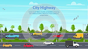 Cartoon City Panorama Highway Concept Card. Vector