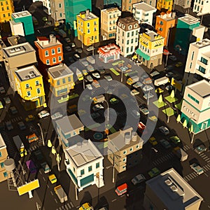 Cartoon city town district. Street Intersection road 3d. Very high detail. Cars end buildings top view. Evening shade.