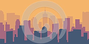 Cartoon cityscape. Empty flat city silhouette. Daytime urban skyline. Vector panoramic urban landscape