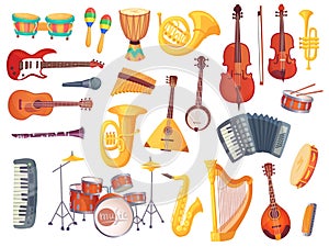 Cartoon musical instruments, guitars, bongo drums, cello, saxophone, microphone, drum kit isolated. Music instrument photo