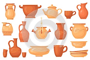 Cartoon clay crockery. Antique ceramico utensils, brown earthenware pot dish vessels cup jug bowl, ancient ceramic photo
