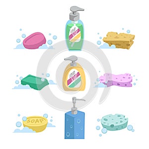 Cartoon clean bath set. Shampoo and liquid soap with dispenser, soap and colorful spoonges. photo