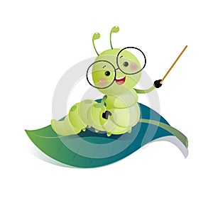 Cartoon clever caterpillar teacher wearing glasses and holding pointer