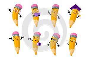 Cartoon clever pencil character vector set