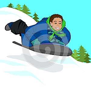 Cartoon Clip Art Children Child Boy Sledding on Hill Winter Scene School