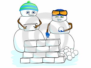 Cartoon Clip Art Children Snowman Building Snow Fort House Winter Scene School